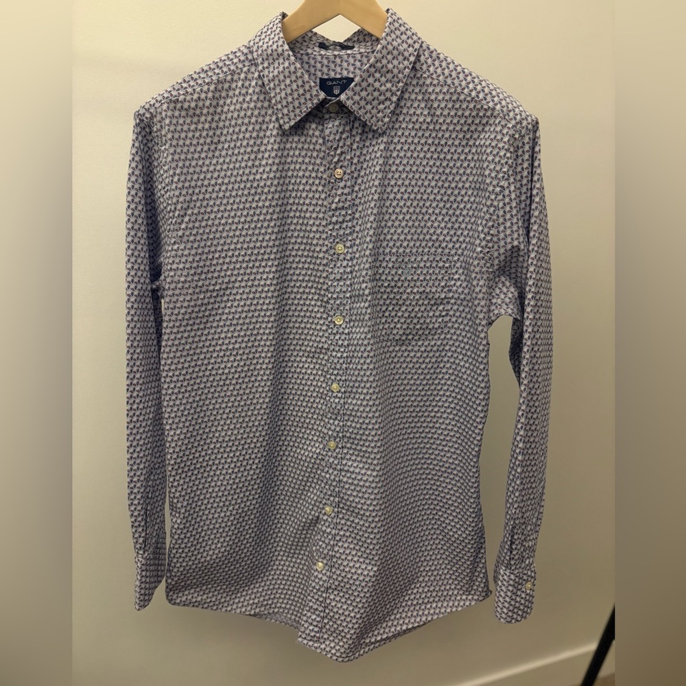 Gant Collared Shirt Broadcloth Fitted Slim Leaf Motif Blue/Red/White XL